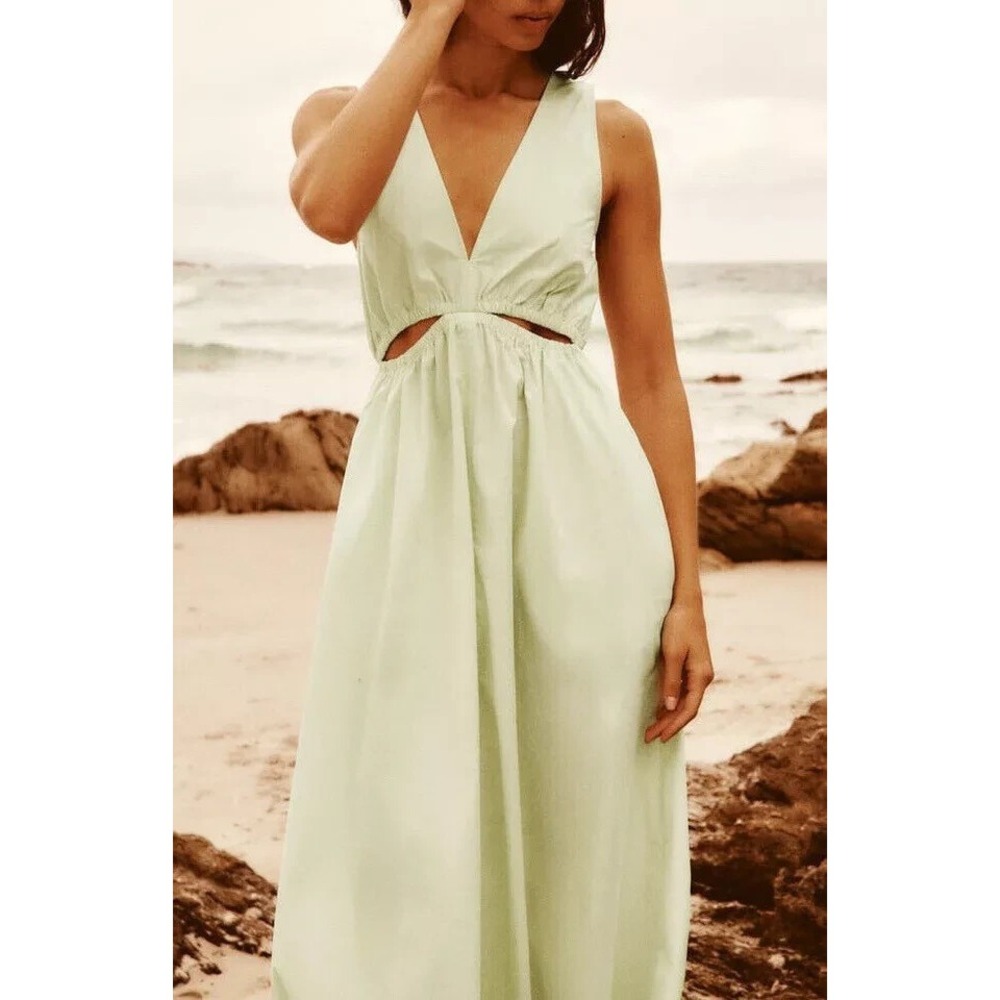 Zara Light Green Cotton Cut Out V-Neck Midi Dress Womens Size Medium